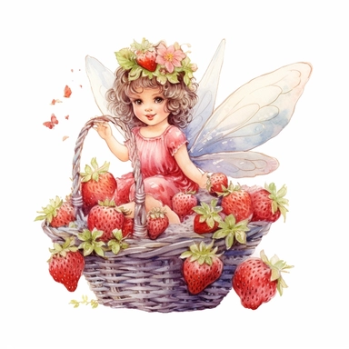 hand drawn cute fairy flying with a basket of strawberries, with blossoms, coquette style, glamorous, watercolor, white background with margins, clipart style