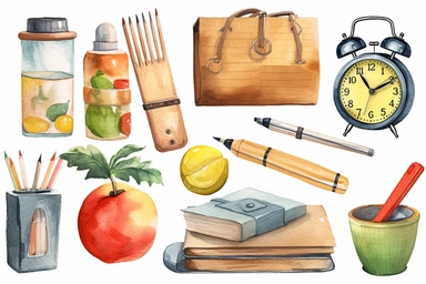 Watercolor School Clipart, Classroom Graphic, Teacher's Day, back-to-school kit, a paper lunch bag, a bicolor eraser, a gray sharpener, a paper clip, alarm clock showing 6 o'clock, a ruler, a set square, a juice small package with a straw, a school marker, in the style of minimalist illustrator, child drawing, white background, high resolution,