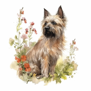 botanical watercolor clipart, Cairn Terrier, isolated on white background, Margaret Mee, Pierre-Joseph Redouté, Sydney Parkinson, 8k