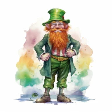 Storybook style Leprechaun from Kelt mythology with watercolor effect,Green Dressed,Red bearded,Ireland scene,Rainbow Landscape,Suitable for digital clipart,White background,Full body ,vibrant colors