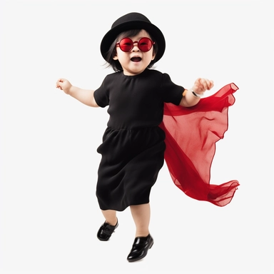 Singer Yoko Ono as a 2 year old toddler, wearing a classic black satin chanel dress, red shoes, red velvet bowler hat, gold silk scarf, dancing, irradiant facial expression, plain white background, clipart