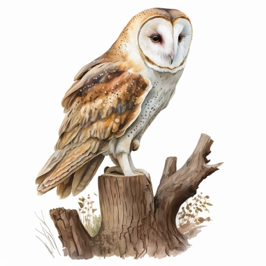 water colour barn owl standing on a tree stump clip art white background