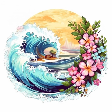 Pastel Cute Beautiful Hawaii Wave Beach Watercolor Sublimation Clipart,Cartoon, hyper realistic, intricate detail, illustration style,high solution,on the white background