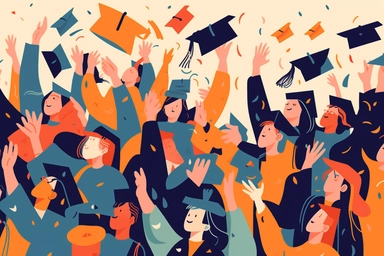 [04522] Graduating students or pupil hands in gown throwing graduation caps in the air, flying academic hats, throw mortar boards in the sky flat cartoon vector illustration clipart , ultra hd, maximalist detail, unsplash, intricate details, Ultra-Quality, ultra sharp,