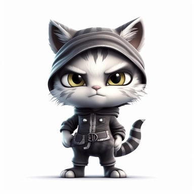 Adorable cute fantasy baby cat dressed like thief standing in dynamic pose,front view,fullbody,sharp through out,happy expression, nursery art, clipart image, lineart image, white background, very detailed, 8k, composition wide shot