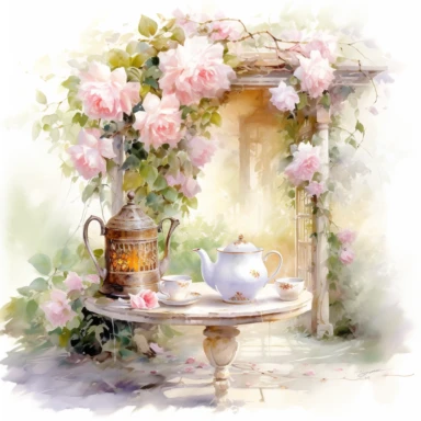 Victorian Tea and Roses in a Secret Garden Fragrant blooms secluded nooks and whispers of romance clipart isolated on clean white background, soft pastel colors, in style of Willem Haenraets in the style of realistic watercolors, feminine sensibilities, d
