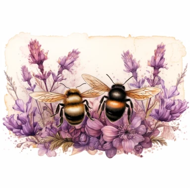 no background, clipart of a ticket with bees and lavender, vintage style , watercolour