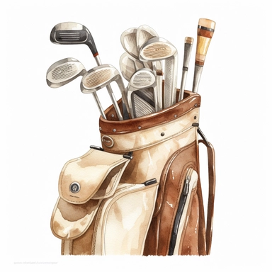Idyllic watercolor clipart of a cream and brown professional golf bag and 8 clubs, isolated on a pure white background, insane detail,