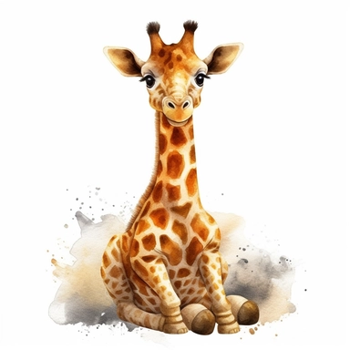 cute Giraffe Clipart sitting and smiling in the style of oil painting, on a white background