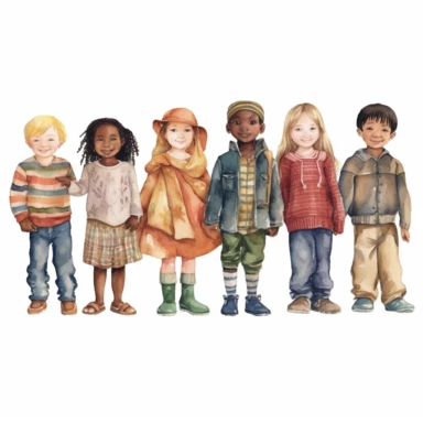 watercolor style, children standing together, from multiple cultures: european, african american, asian american, latino, indian, japanese, mexican, clipart, isolated on white background, 4K
