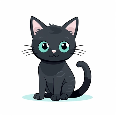 Create a cute clipart of a cat. The cat should be a domestic short-haired cat, medium-sized, with soft and fluffy black and white fur. The cat should be sitting up on its hind legs, with its front paws slightly raised, as if it's begging for attention. The cat should have big, bright green eyes, a pink nose, and a sweet expression on its face. The background should be blank, and the overall design should be simple and visually pleasing to a wide audience.