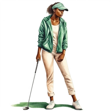 Idyllic watercolor clipart of a young modern African american female golfer in close fitting sports golf clothes standing with his putting club on the putting green, isolated on a pure white background, insane detail,