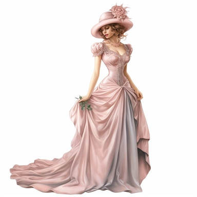 A captivating Victorian lady in a romantic blush pink satin gown, embellished with delicate floral embroidery and a matching bonnet. Every intricate detail, from the embroidery patterns to the satin folds, is rendered with hyper-realistic precision and cinematic smoothness. Her dignified posture and intense gaze create an air of timeless elegance. Clipart, watercolor, white background, upright posture, eye contact, intricate detail, unreal engine cinematic smooth