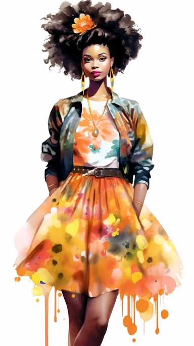 A vibrant watercolor illustration featuring an African American girl with a unique sense of beauty and style. Her hair is depicted with intricate textures and patterns, showcasing her natural beauty. The girl is shown in a fashionable outfit, exuding confidence and elegance. The illustration is in a clipart style, isolated on a clean white background with a resolution of 300dpi and various aspect ratios.