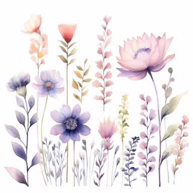 enchanted flowers clipart, flowers to be dusty pink and dusty lavender WATERCOLOR HAND PAINTED clipart, individual elements, WATERCOLOR AIRY PASTEL COLORS, VISIBLE WATERCOLOR BRUSH TOUCHES, WATERCOLOR SPLASHESD, DREAMY AND ELEGANT, CLASSIC DREAMY FLOWERS, white background, simple white background