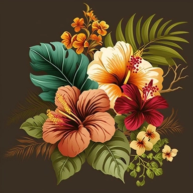 floral accent, blooming flowers like hibiscus, orchids, and plumeria. Use coral green and brown colors to make them look vibrant and fresh. clipart