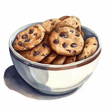 watercolor for a clipart with a white background of a bowl full with chocolate chip cookies, realism, by bill brauer