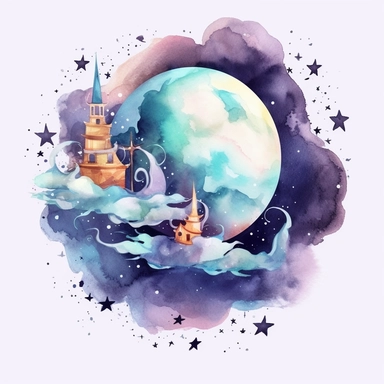 Watercolor Moon first quarter with clouds and stars Clipart, fantasy magic,
