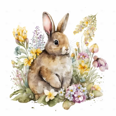 cute easter bunny sitting among flowers, watercolor clipart illustration, transparent background