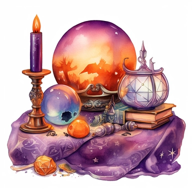 hand drawn glowing crystal ball sitting on a table with crystals, tarot cards, a wand, candles and a pumpkin, Halloween, purple and orange shades,fantasy, glamorous, , clipart style, detailed and realistic, watercolor, white background with margins