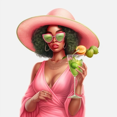 Pretty black woman, Sun Straw Hat Wide Brim Summer Beach Hat, pretty, holding a cocktail drink, pink and green outfit, 4k, hd, clipart, sticker, fantasy style