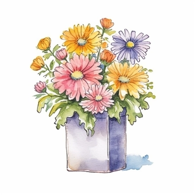 Create a heartwarming hand-drawn watercolor clip art image of a family gift niche adorned with birth flowers representing a family of four. Customize the image by selecting birth flowers for each family member: a January baby (Carnation), an April baby (Daisy), a September baby (Aster), and a November baby (Chrysanthemum). Add a personalized touch by including the family's names or initials within the niche, making it a cherished memento for generations to come.inspired by wildflower meadows