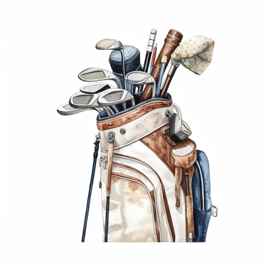 Idyllic watercolor clipart of a white golf bag and 8 clubs, isolated on a pure white background, insane detail,