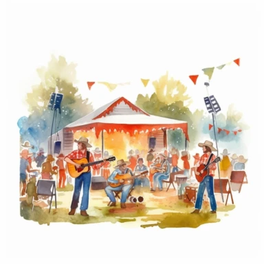A lively country music festival, with live performances by local bands, line dancing, and delicious barbecue food stalls, american style, clipart, watercolor