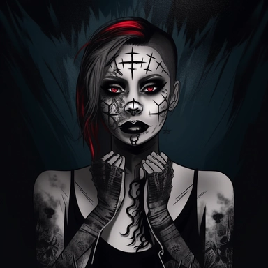 poster art of a person standing in front of a dark and mysterious background, The person should be dressed in a gothic style, with bold makeup, piercings, tattoos, and edgy clothing. posture should be confident, with their head held high and a look of determination on their face. clipart, vector, cartoon,