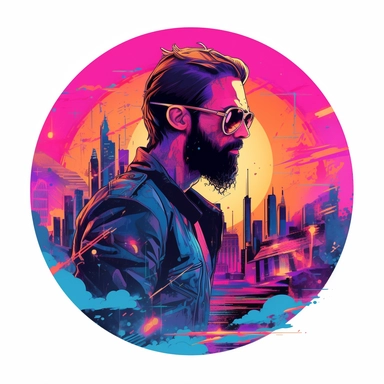 futuristic action shot of a Nouveau beard man around mix of cyber city, synth pop and synthwave,Future Funk, Electric Avenue t-shirt vector design enclosed in circle clipart graphic with white background 8k