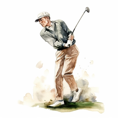 Idyllic watercolor clipart of a golfer teeing off, isolated on a pure white background, insane detail,