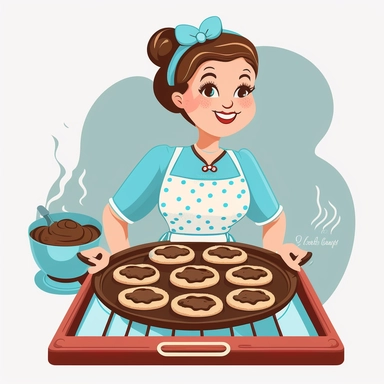 a cute clipart mother middle age woman with hair tied making a bun is making cookies for breakfast, there is an oven, she is wearing an apron, half body, zoom in the cookies on the baking tray, white transparent background