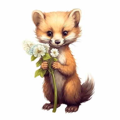 Cute Beautiful marten holding a flower Sublimation Clipart, Cartoon, hyper realistic, intricate detail, illustration style, high solution, on the white background