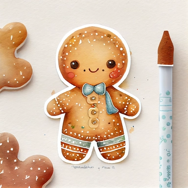 A watercolor painting of cute christmas gingerbread man, christmas gingerbread man, christmas gingerbread, cute detailed digital art, inspired by nicoletta ceccoli, by Kubisi art, whimsical and cute, by nicoletta ceccoli, cute detailed artwork, glimmering, adorable and whimsical, whimsical art, Clipart style, png style, svg style, blank white background, a solid white background