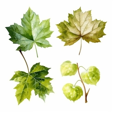 A set of 4 green grape leaf sublimation cliparts, white background, watercolor style, 8k, ultrarealistic, high quality