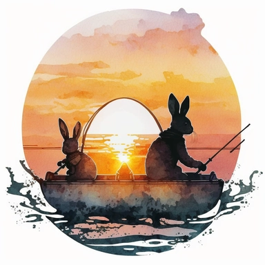 clipart design of watercolor two bunnies go fishing a boat during sunset, contrasting to the white background
