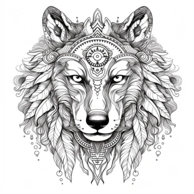creative tattoostyle wolf clipart scribble, elaborate indian decor, white background