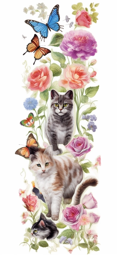 a clipart painting of cats, roses, grass, butterflies, with an enamel-inspired design featuring a mix of subtle realism and whimsical animal motifs, for a play and funny look, white background,
