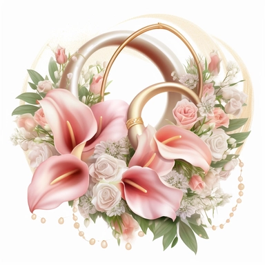 clipart with peach roses, pink peonies, white calla lilies, green stems and leaves, white baby's breath, soft, dreamy pastel colours. Red hearts and gold wedding rings