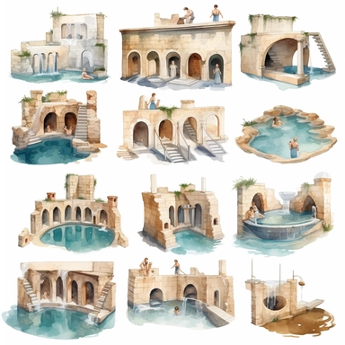 Watercolor well roman baths with people in water and around the baths eating fruit , illustrations clipart set, simple, , cartoon elements, different variants , , marble elements, separate elements with a margin