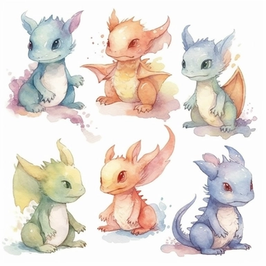 watercolor cute baby dragon clipart full body, flying and sitting, simplistic, charming sketches, warm color palette, hand painted, white background