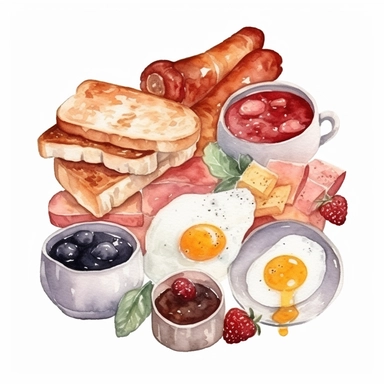 English breakfast food elements, watercolor, clipart, minimalist, isolated white background, 8k