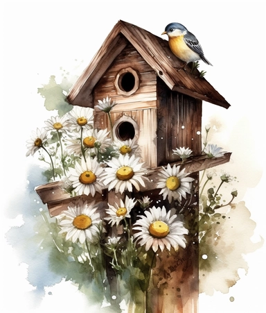 DESIGN A MAGNIFICENT AND EXQUISITE BREATHTAKING ONE-OF-A-KIND HIGH QUALITY HIGHLY DETAILED MASTERPIECE WATERCOLOR CLIPART ILLUSTRATION OF A birdhouse with a few daisies, in the style of digital airbrushing, realistic color schemes, pictorial fabrics, naturecore, lovely, wood, sonian