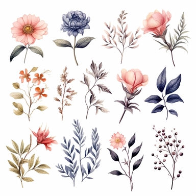 beautiful floral clipart set with flowers, leaves, and branches, clipart, isolated on white background, bojo, vintage, lithograph, 32k uhd, texture