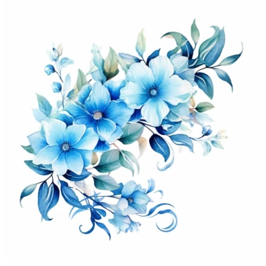 watercolor Ocean Blue floral line for decoration, style of Pierre-joseph redoute, png, clipart, hd, contour white outline, isolated on white background