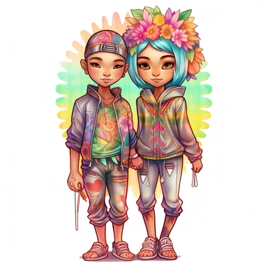 full body clipart of modern gay couple wearing rainbow clothes in Jasmine Becket-Griffith style, logo style, soft colors, clean edges, refined edges, stunning, captivating, contour, isolated white background