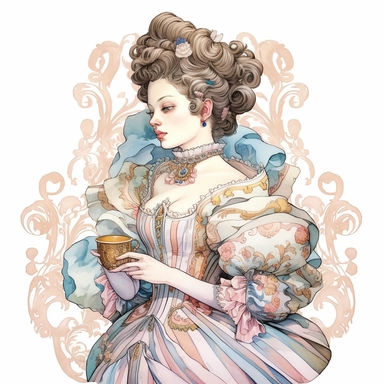vintage style Detailed light and shadow, 2D outline, A beautifully patterned neo rococo Victorian baroque hyper realistic puffy-sleeved bow-adorned woman in 18th-centrury white gown in varying hues of pale pink, blue and yellow, stunningly beautiful, refined and sophisticated, Hand drawn, cicely mary barker ,realistic watercolor, Clipart, emotionally pleasing watercolor, i can't believe how beatiful this is,accurate detailed line art, white background, intricate detail, clean line art, saturated