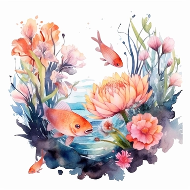 clipart, isolated on white background, Watercolor Spring pond with swimming colorful fish underwater, flowers, ornated, pastel colors