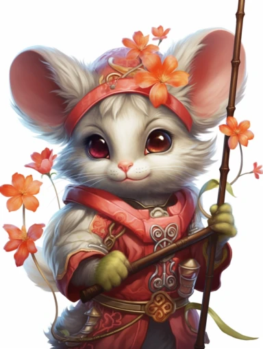 Cute mouse jester villain, Yoshitaka Amano, Banner Saga, samurai, electric embroidery, detailed eyes, grass, flowers, sunset, , white background clipart, clipart png, realistic, digital painting, WHITE BACKGROUND, fantasy style, realistic, painting, watercolor, 8k, ultra details,