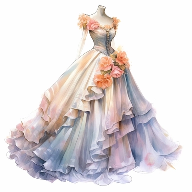 A victorian relaxed dress with a flowing skirt crossover neckline and floral patterns on the dress on tailor dummy on white background clipart, soft pastel colors, in the style of realistic watercolors, in style of Willem Haenraets, feminine sensibilities, realistic depictions of human form, detailed illustrations, made of all of the above, clean background, white background, on a white background, transparent background